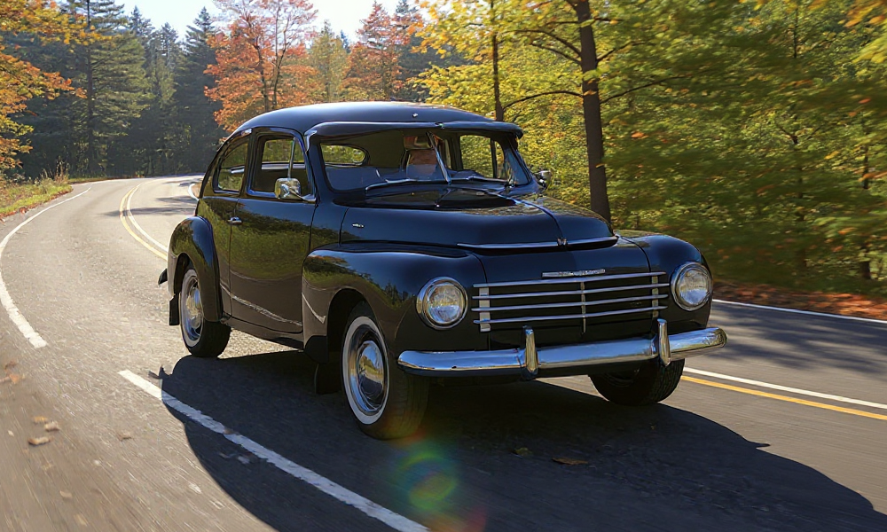 Volvo PV444 in donkergroen op een herfstige Amerikaanse landweg.