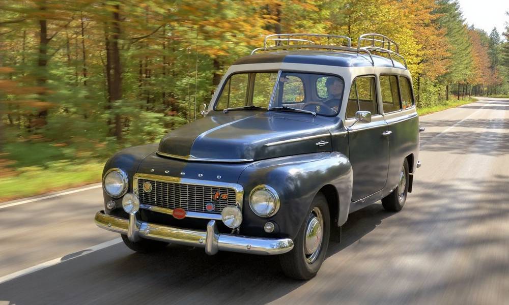 Volvo PV445 Duett-stationversie in donker met dakimperiaal.