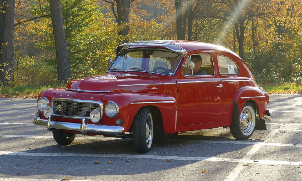 Volvo PV544 in oxblood-rood op een herfstige landweg.